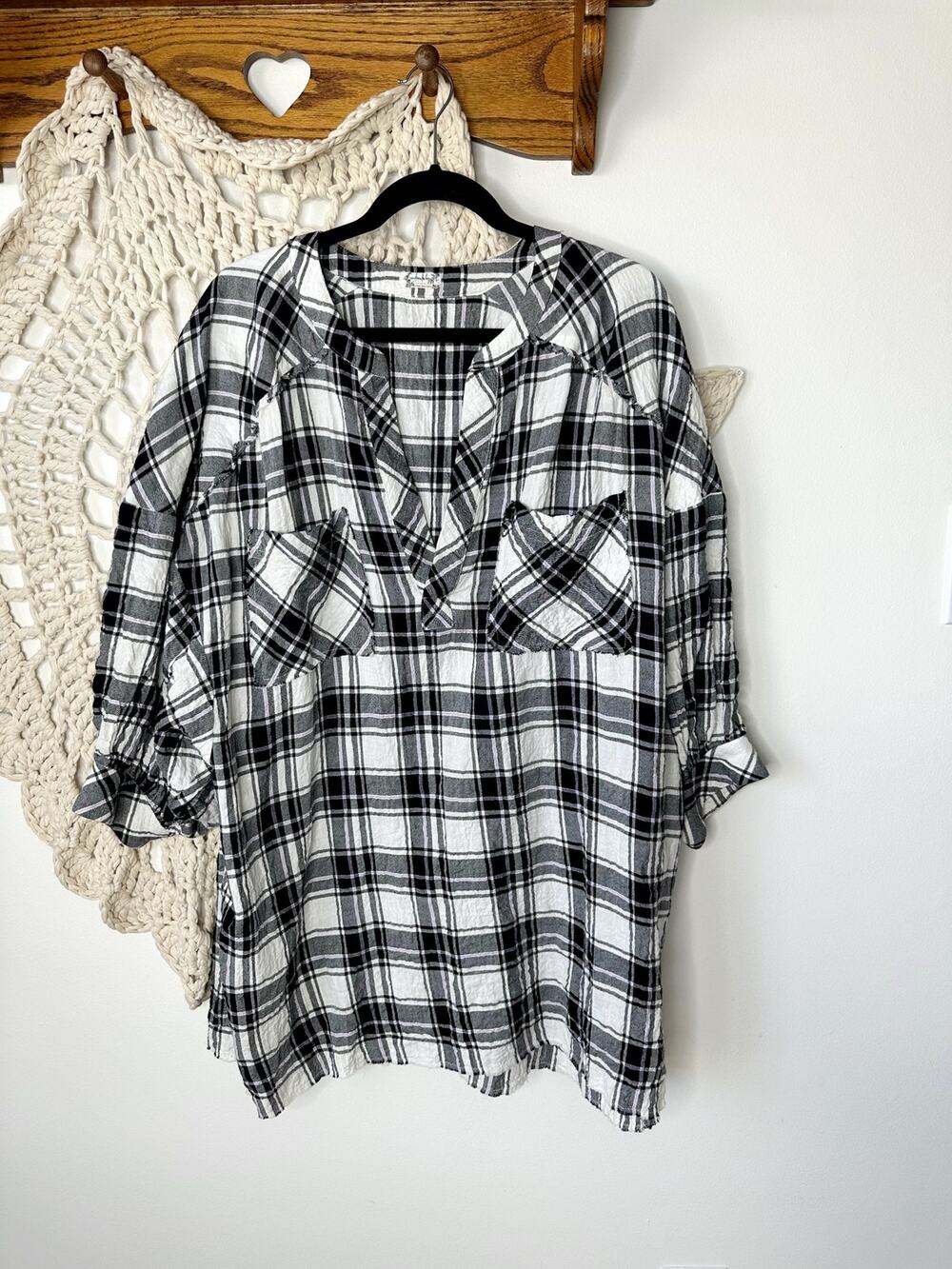 Intimately Free People Not Your Boyfriends Tunic Black White Plaid Size Small